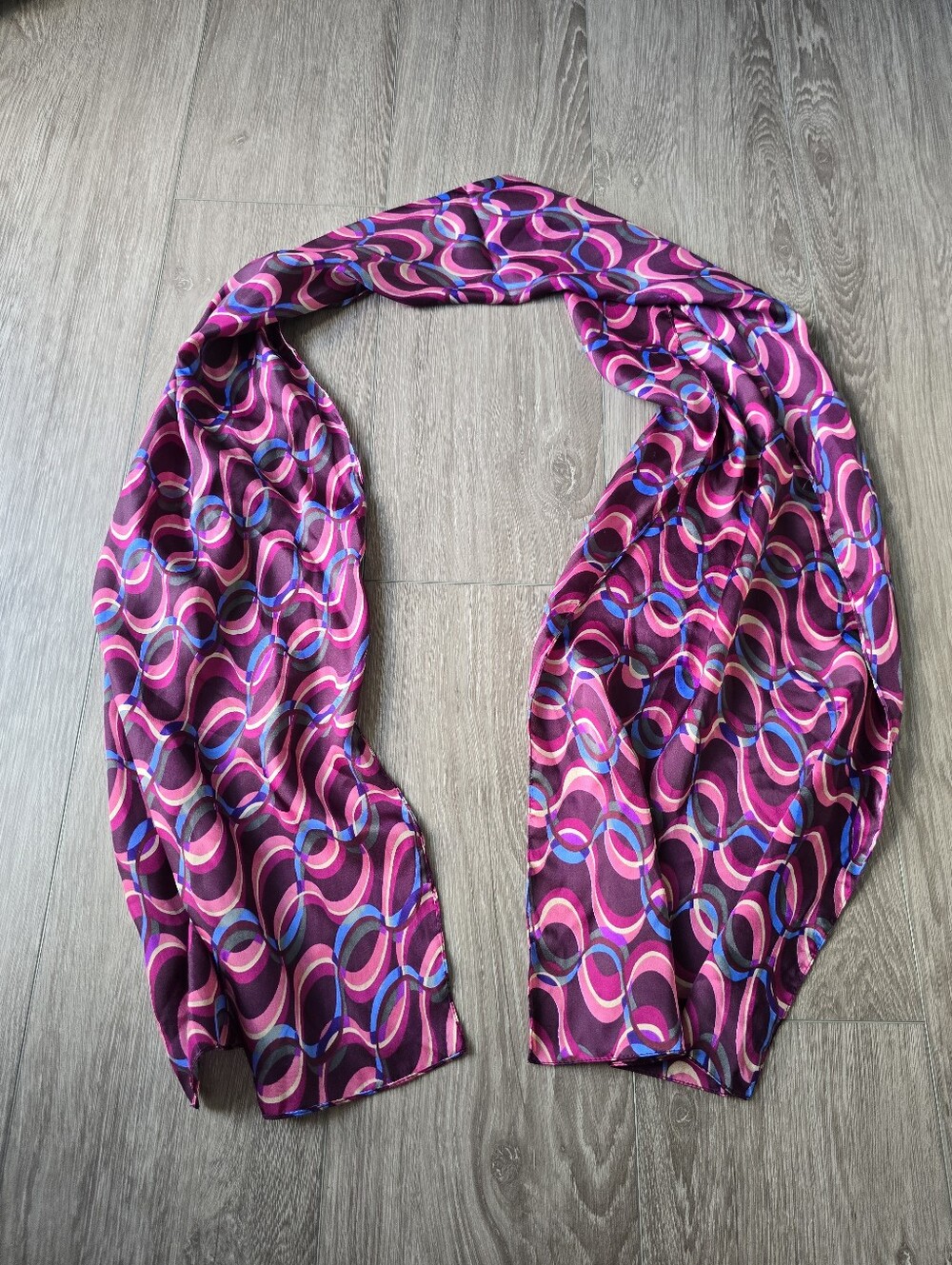 Retro Mod Swirl Oblong Scarf Pink Purple Blue Geometric Satin Wrap Groovy 70s